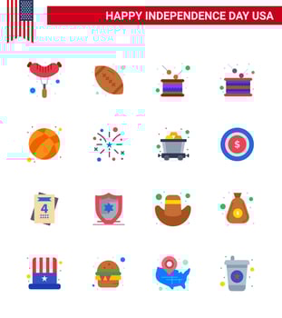 Set of 16 Modern Flats pack on USA Independence Day fire usa drum football american Editable USA Day Vector Design Elements