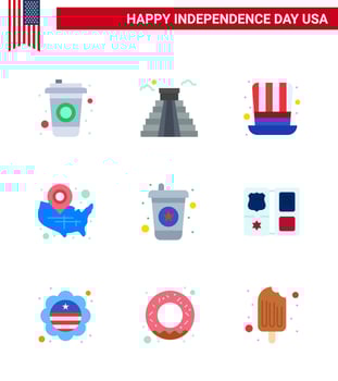 Happy Independence Day 4th July Set of 9 Flats American Pictograph of drink location pin hat wisconsin states Editable USA Day Vector Design Elements