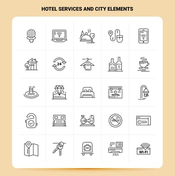 OutLine 25 Hotel services And City Elements Icon set Vector Line Style Design Black Icons Set Linear pictogram pack Web and Mobile Business ideas design Vector Illustration