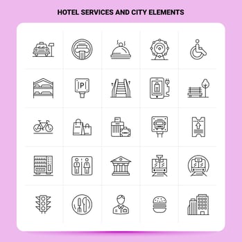 OutLine 25 Hotel services And City Elements Icon set. Vector Line Style Design Black Icons Set. Linear pictogram pack. Web and Mobile Business ideas design Vector Illustration.