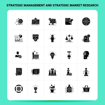 Solid 25 Strategic Management and Strategic Market Research Icon set. Vector Glyph Style Design Black Icons Set. Web and Mobile Business ideas design Vector Illustration.