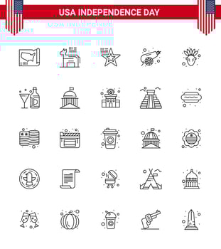 Set of 25 USA Day Icons American Symbols Independence Day Signs for native american weapon star war army Editable USA Day Vector Design Elements