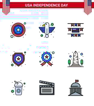 Happy Independence Day USA Pack of 9 Creative Flat Filled Lines of investigating sign state star shield Editable USA Day Vector Design Elements