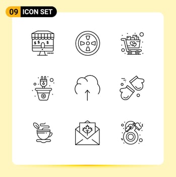 Pictogram Set of 9 Simple Outlines of multimedia cloud shopping renewable plug Editable Vector Design Elements
