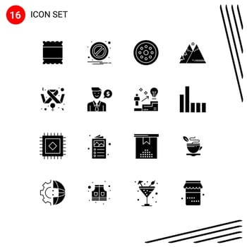 Solid Glyph Pack of 16 Universal Symbols of feminine awareness safety hiking outdoor Editable Vector Design Elements