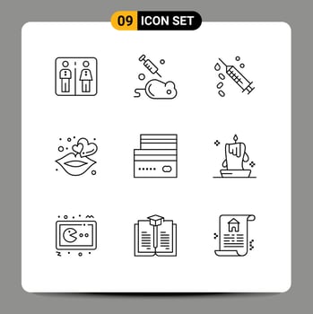Group of 9 Modern Outlines Set for credit romance injection love kiss Editable Vector Design Elements