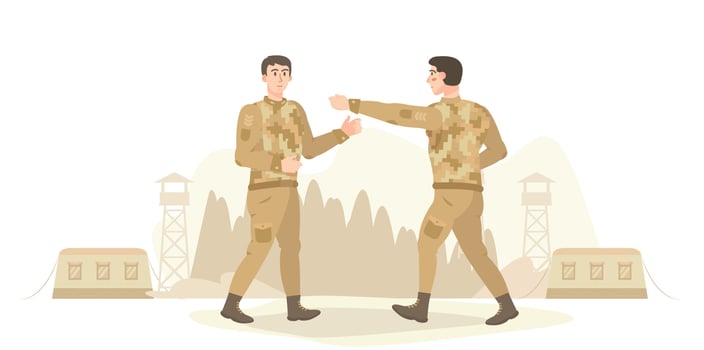 Army training, military training. Solider practicing wrestling. Hand-to-hand fight. Physical training in the military camp, base. Sport. Fight, combat preparation. Flat vector illustration.