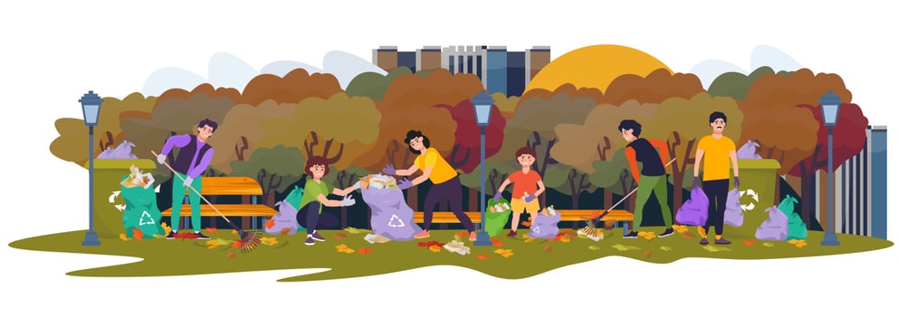 Group of people cleaning up park from old leaves and waste, plastic, rubbish. Earth day. Environment protection, ecosystem concept. Clean-up of the territory. Man raking leaves. Collecting garbage vector