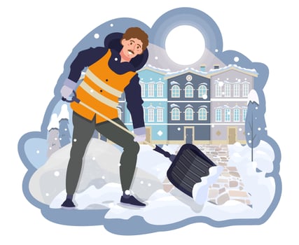 Male worker removing the snow from the pavement with a shovel. Man cleaning the territory near the house, snowy road. Public municipal works in winter.  Snow drifts in the city. vector