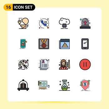 Mobile Interface Flat Color Filled Line Set of 16 Pictograms of live chat tomb cloud based services grave cloud software Editable Creative Vector Design Elements