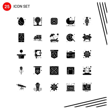 Mobile Interface Solid Glyph Set of 25 Pictograms of form disease power chair cpu Editable Vector Design Elements