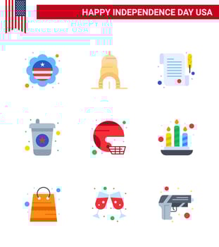 USA Independence Day Flat Set of 9 USA Pictograms of state helmet receipt football soda Editable USA Day Vector Design Elements