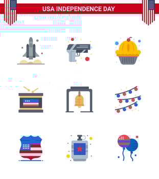 Big Pack of 9 USA Happy Independence Day USA Vector Flats and Editable Symbols of alert independece weapon holiday cake Editable USA Day Vector Design Elements