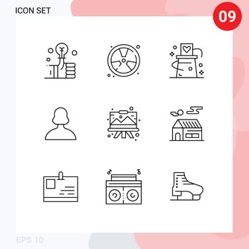 Pack of 9 Modern Outlines Signs and Symbols for Web Print Media such as user girl float avatar magician Editable Vector Design Elements