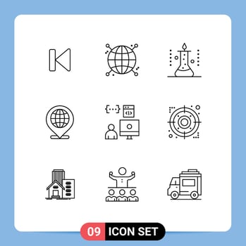 Mobile Interface Outline Set of 9 Pictograms of location globe network global science experiment Editable Vector Design Elements