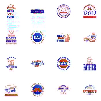 Fathers Day Lettering 16 Blue and red Calligraphic Emblems Badges Set Isolated on Dark Blue Happy Fathers Day Best Dad Love You Dad Inscription Vector Design Elements For Greeting Card and Other