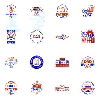 Happy fathers day set 16 Blue and red Vector typography Vintage lettering for fathers day greeting cards banners tshirt design You are the best dad Editable Vector Design Elements