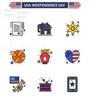 9 Flat Filled Line Signs for USA Independence Day heart fries star french fries sports Editable USA Day Vector Design Elements