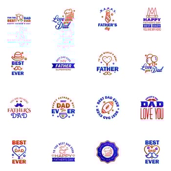 Happy fathers day set 16 Blue and red Vector typography Vintage lettering for fathers day greeting cards banners tshirt design You are the best dad Editable Vector Design Elements