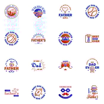 Fathers Day Lettering 16 Blue and red Calligraphic Emblems Badges Set Isolated on Dark Blue Happy Fathers Day Best Dad Love You Dad Inscription Vector Design Elements For Greeting Card and Other