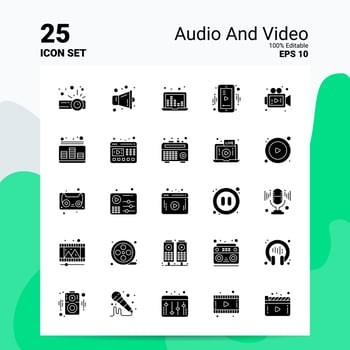 25 Audio And Video Icon Set 100 Editable EPS 10 Files Business Logo Concept Ideas Solid Glyph icon design vector