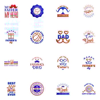 Happy fathers day 16 Blue and red typography set Vector emblems Lettering for greeting cards banners tshirt design You are the best dad Editable Vector Design Elements