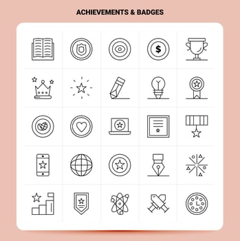 OutLine 25 Achievements Badges Icon set Vector Line Style Design Black Icons Set Linear pictogram pack Web and Mobile Business ideas design Vector Illustration