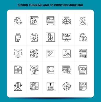 OutLine 25 Design Thinking And 3d Printing Modeling Icon set Vector Line Style Design Black Icons Set Linear pictogram pack Web and Mobile Business ideas design Vector Illustration