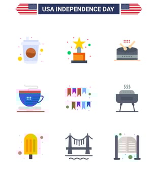 Happy Independence Day 4th July Set of 9 Flats American Pictograph of decoration garland instrument american day cup Editable USA Day Vector Design Elements