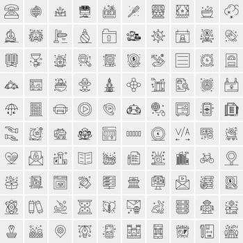 100 Universal Black Line Icons on White Background vector