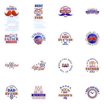 16 Blue and red Set of Vector Happy fathers day Typography Vintage Icons Lettering for greeting cards banners tshirt design Fathers Day Editable Vector Design Elements