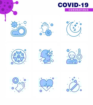 9 Blue Set of corona virus epidemic icons such as science hazard disease bio sleep viral coronavirus 2019nov disease Vector Design Elements