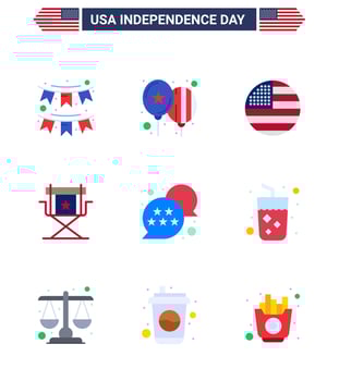 USA Independence Day Flat Set of 9 USA Pictograms of television movies party director usa Editable USA Day Vector Design Elements