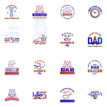Fathers Day Lettering 16 Blue and red Calligraphic Emblems Badges Set Isolated on Dark Blue Happy Fathers Day Best Dad Love You Dad Inscription Vector Design Elements For Greeting Card and Other