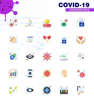 Covid19 Protection CoronaVirus Pendamic 25 Flat Color icon set such as safety mask care flu pill viral coronavirus 2019nov disease Vector Design Elements