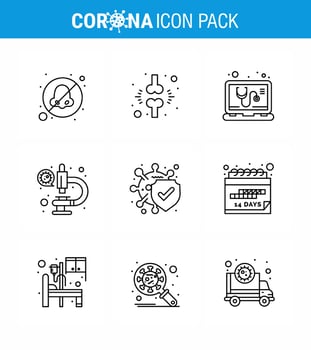 corona virus prevention covid19 tips to avoid injury 9 Line icon for presentation bacteria microscope patient laboratory service viral coronavirus 2019nov disease Vector Design Elements