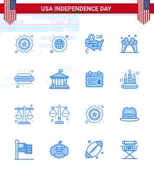 Set of 16 Modern Blues pack on USA Independence Day american bank ice hot i dog Editable USA Day Vector Design Elements