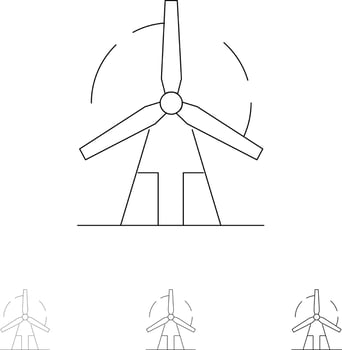 Clean Energy Green Power Windmill Bold and thin black line icon set vector