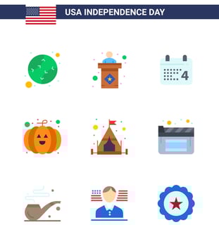 Set of 9 Vector Flats on 4th July USA Independence Day such as tent camp calender festival food Editable USA Day Vector Design Elements