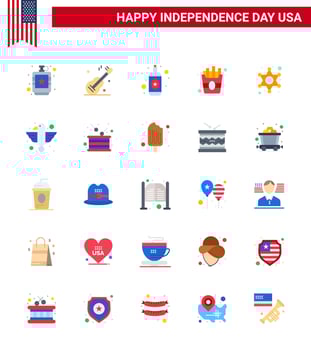 Happy Independence Day Pack of 25 Flats Signs and Symbols for star men american fries fast Editable USA Day Vector Design Elements