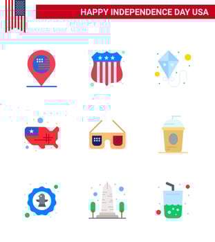 USA Happy Independence DayPictogram Set of 9 Simple Flats of usa glasses summer sunglasses united Editable USA Day Vector Design Elements