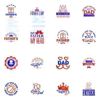 Happy fathers day 16 Blue and red typography set Vector emblems Lettering for greeting cards banners tshirt design You are the best dad Editable Vector Design Elements