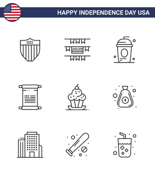 Stock Vector Icon Pack of American Day 9 Line Signs and Symbols for dessert usa cole american scroll Editable USA Day Vector Design Elements