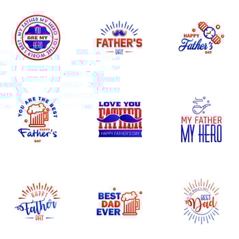 Fathers Day Lettering 9 Blue and red Calligraphic Emblems Badges Set Isolated on Dark Blue Happy Fathers Day Best Dad Love You Dad Inscription Vector Design Elements For Greeting Card and Other