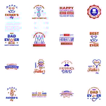 16 Blue and red Set of Vector Happy fathers day Typography Vintage Icons Lettering for greeting cards banners tshirt design Fathers Day Editable Vector Design Elements