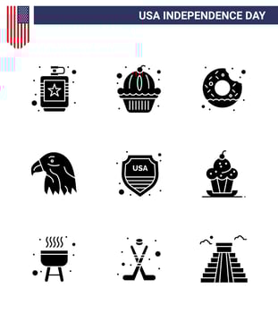 Modern Set of 9 Solid Glyphs and symbols on USA Independence Day such as security eagle cake bird food Editable USA Day Vector Design Elements