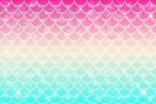 Mermaid holographic background with scale and stars. Iridescent glitter fish tail pattern. Kawaii vector texture.
