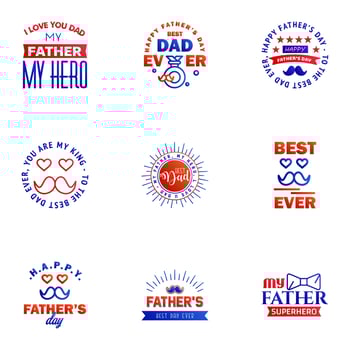 Happy fathers day 9 Blue and red typography set Vector emblems Lettering for greeting cards banners tshirt design You are the best dad Editable Vector Design Elements