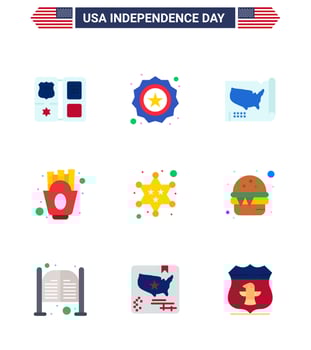 Happy Independence Day USA Pack of 9 Creative Flats of military food map fries chips Editable USA Day Vector Design Elements