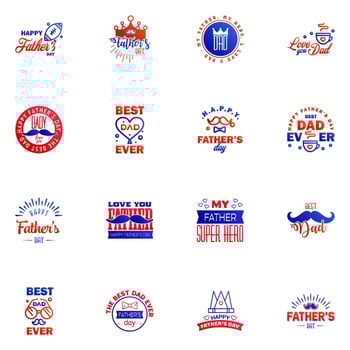 Fathers Day Lettering 16 Blue and red Calligraphic Emblems Badges Set Isolated on Dark Blue Happy Fathers Day Best Dad Love You Dad Inscription Vector Design Elements For Greeting Card and Other